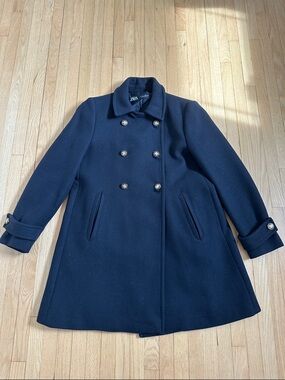 Zara women’s navy wool blend swing pea coat size large